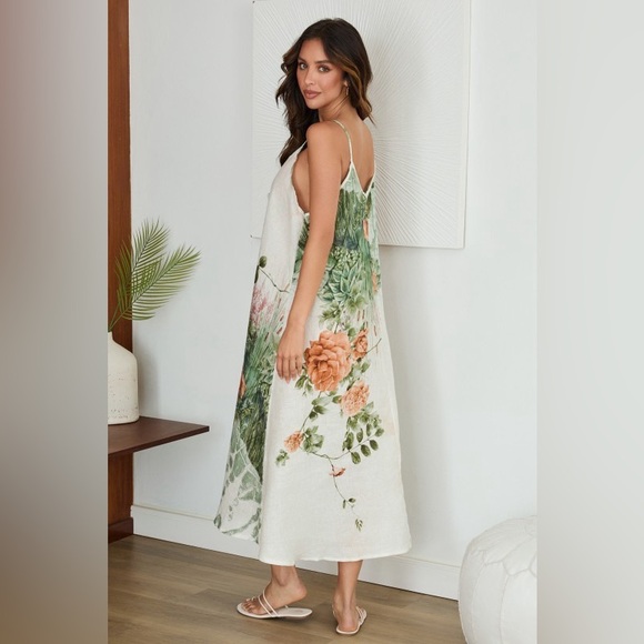 (19190-ROSEPOND) SPAGHETTI STRAP ROSES PRINT LINEN DRESS - Picture 3 of 3